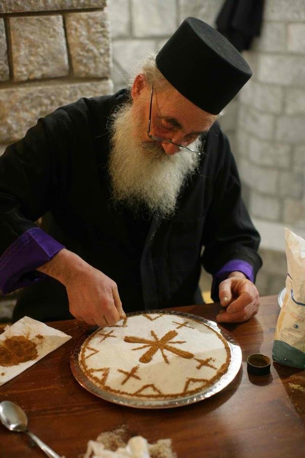 monk preparing koliva on mount athos