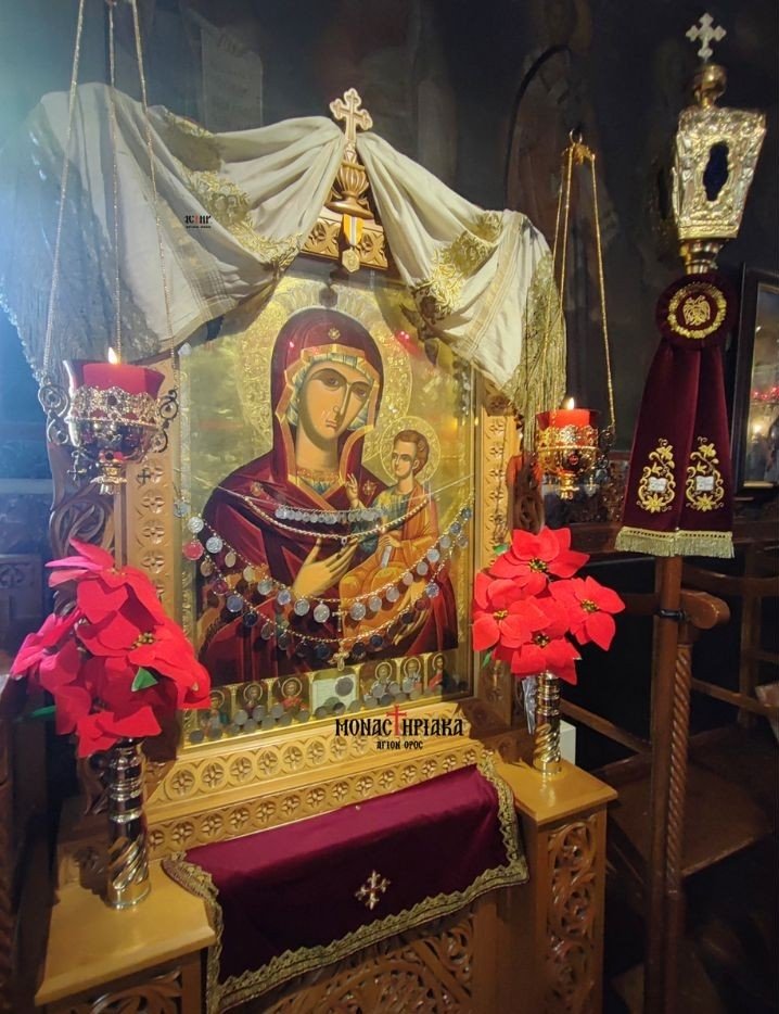 Orthodox Vigil Lamp in front of Virgin Mary icon